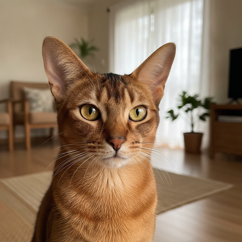 Gambar jarak dekat seekor kucing Abyssinian ruddy yang menunjukkan bulu ticked agouti berkilau dan mata emas