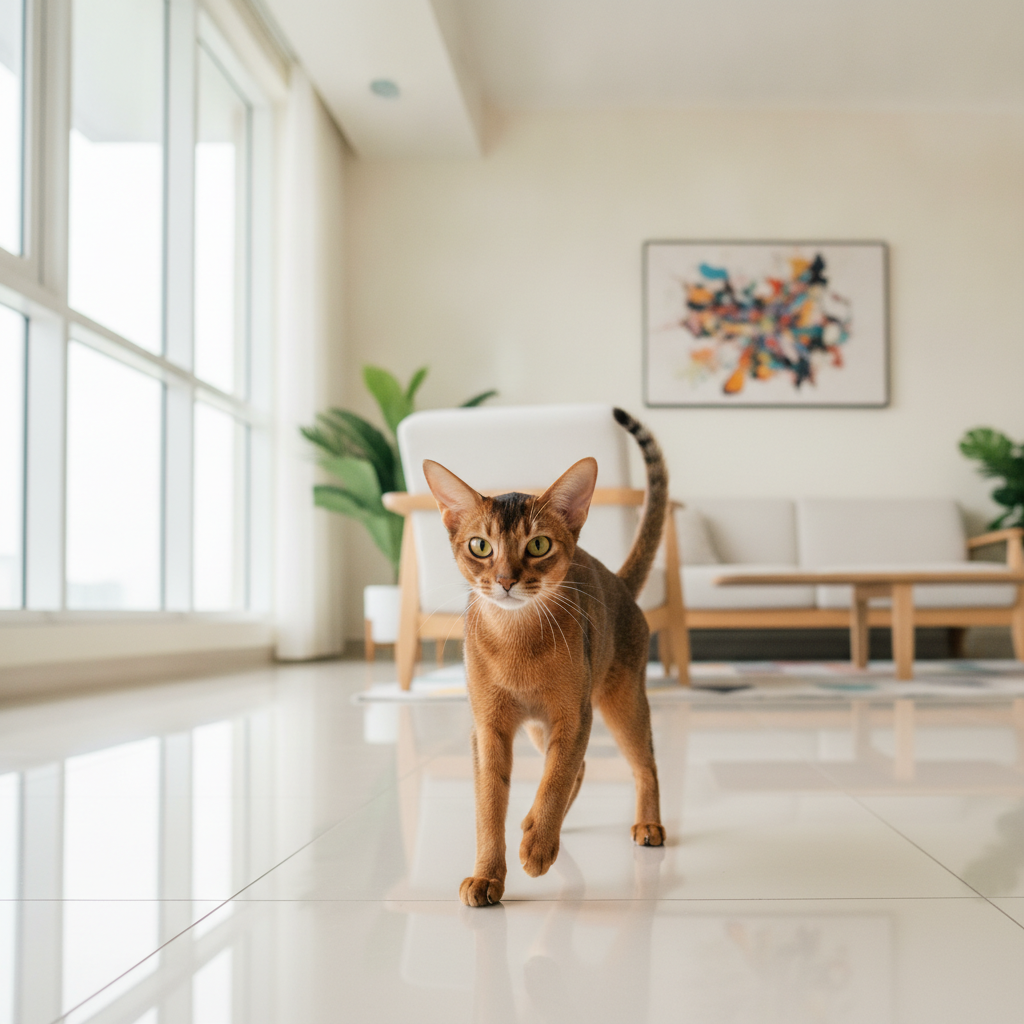 Seekor kucing Abyssinian ruddy dalam posisi bersedia melompat dengan mata emas cerah di sebuah apartmen Malaysia