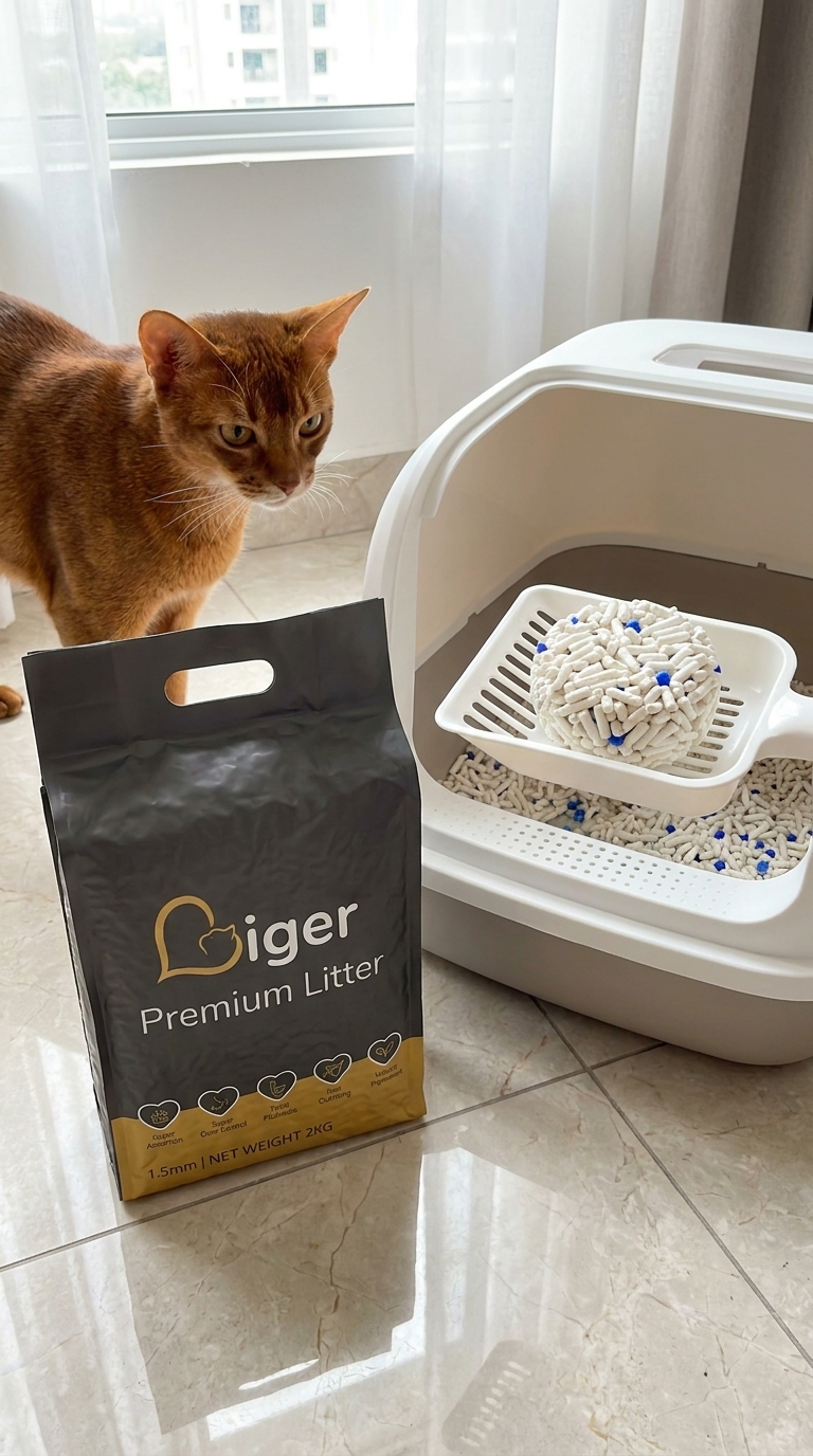 Liger Premium tofu cat litter di sebelah kotak litter yang bersih untuk kucing Abyssinian yang aktif
