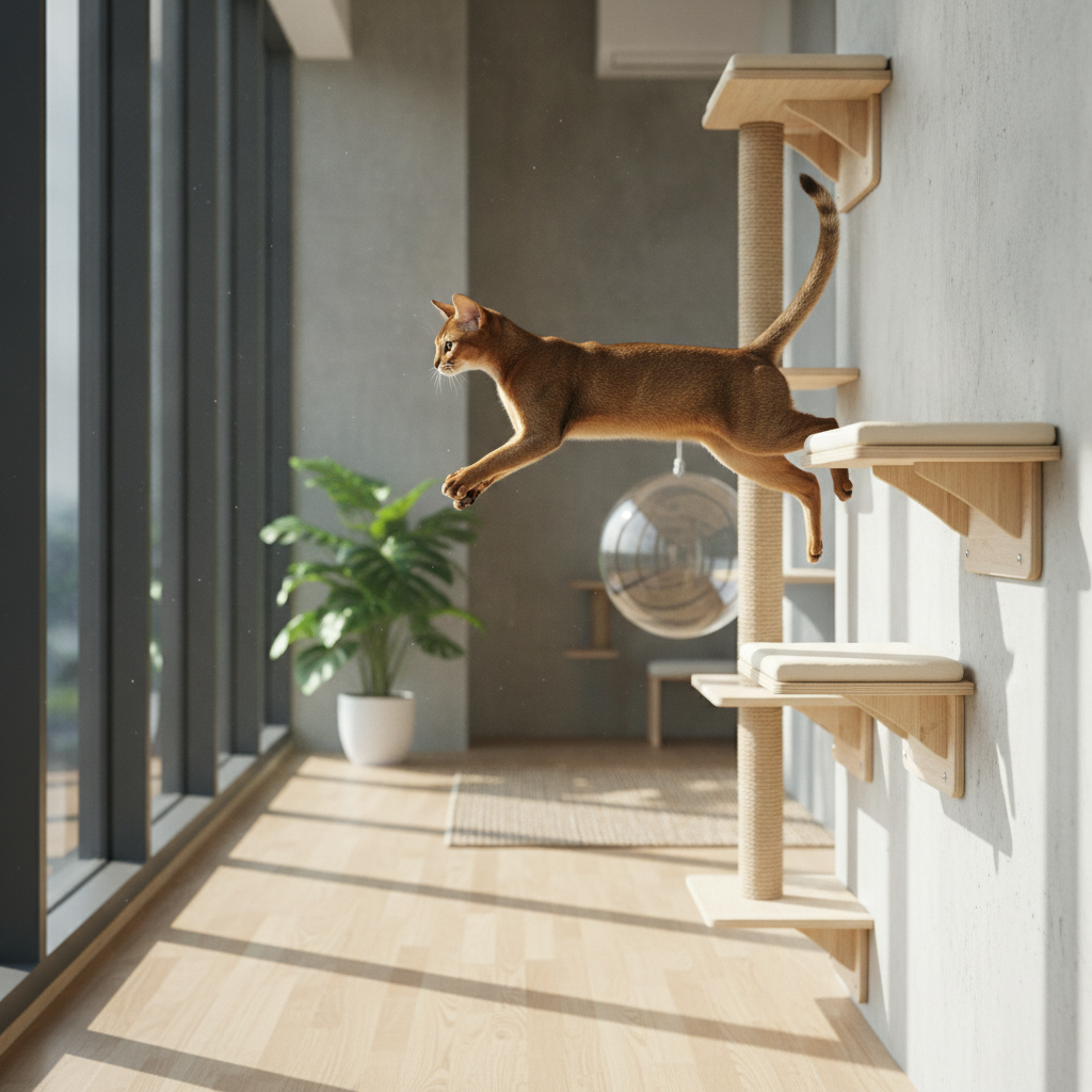 Seekor kucing Abyssinian melompat antara rak dinding di apartmen Malaysia menunjukkan perangai atletiknya
