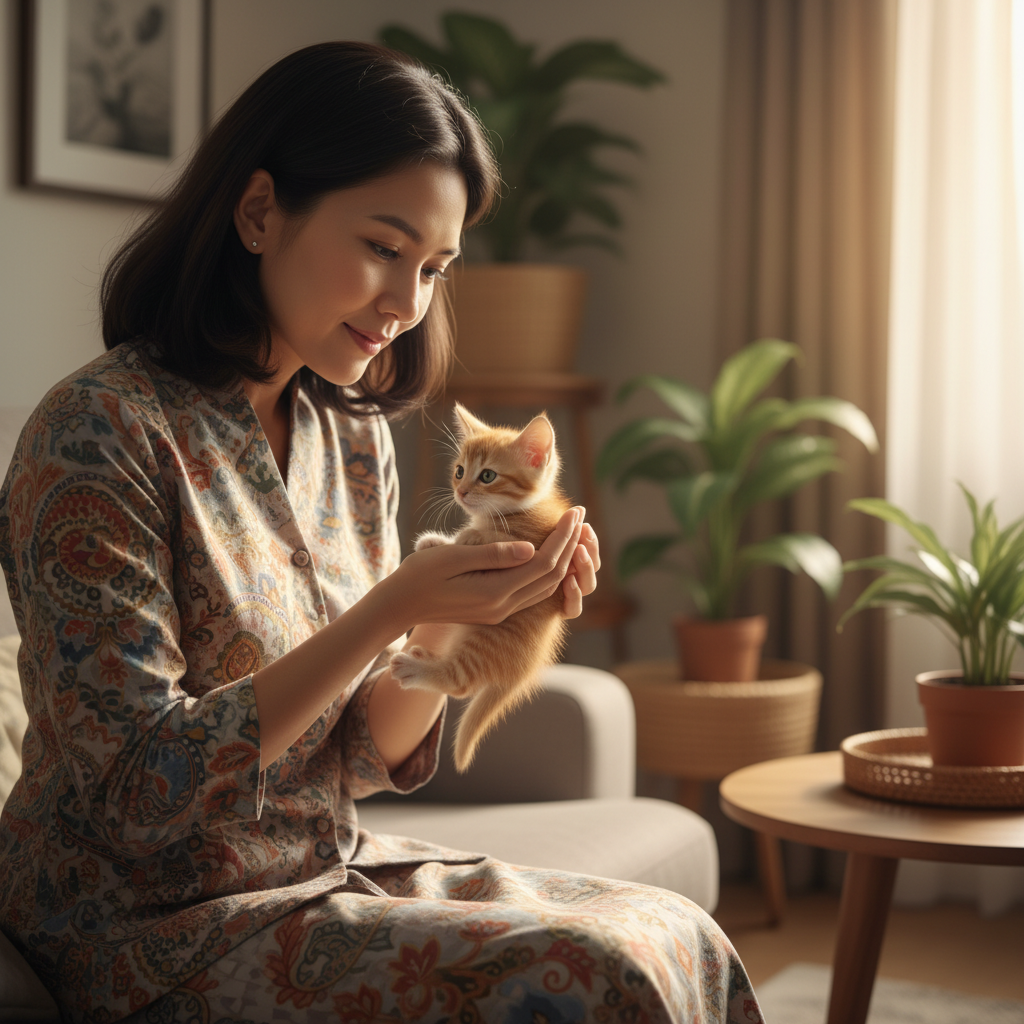 Wanita Melayu memegang anak kucing oren yang baru lahir