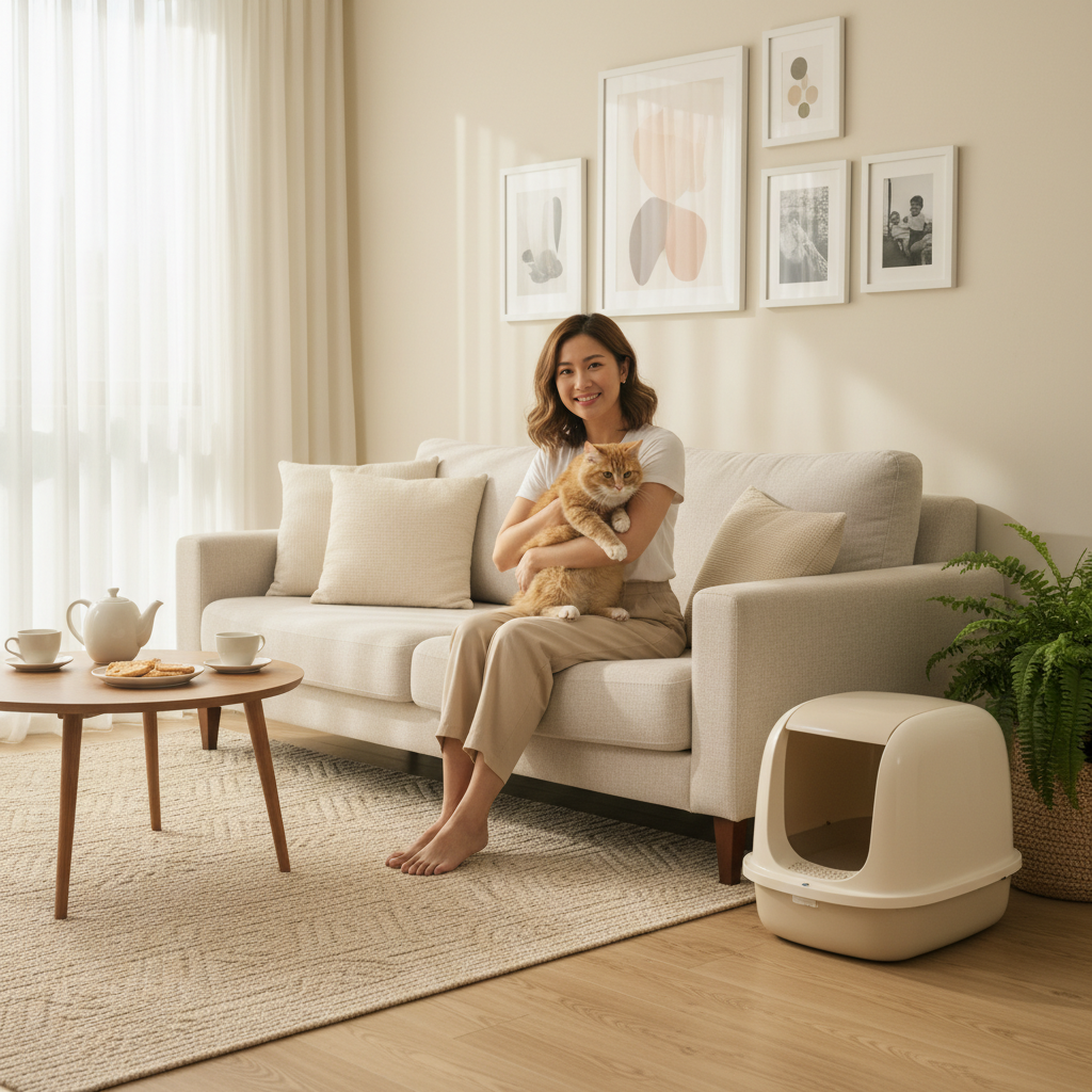 马来西亚华人女性抱着猫咪，站在干净的猫砂盆旁