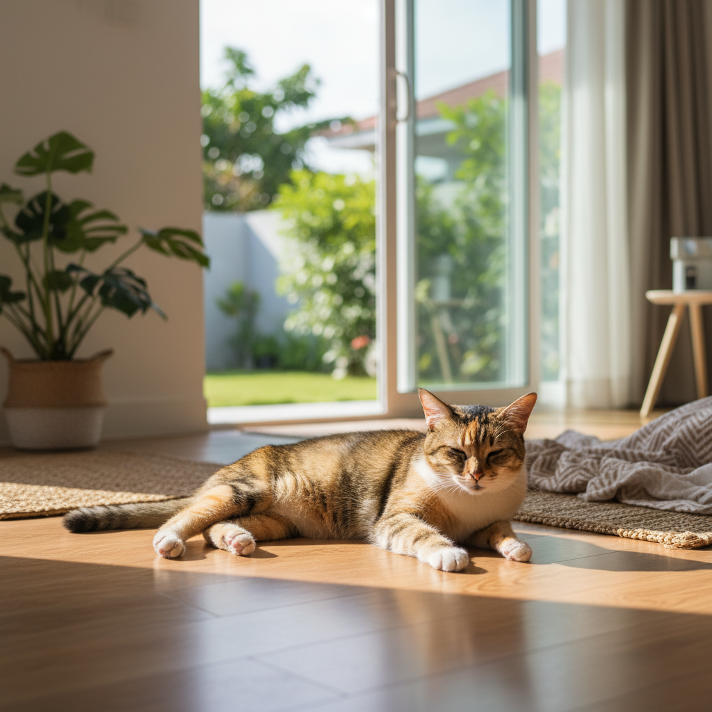 Happy and healthy cat lounging in a sunny spot