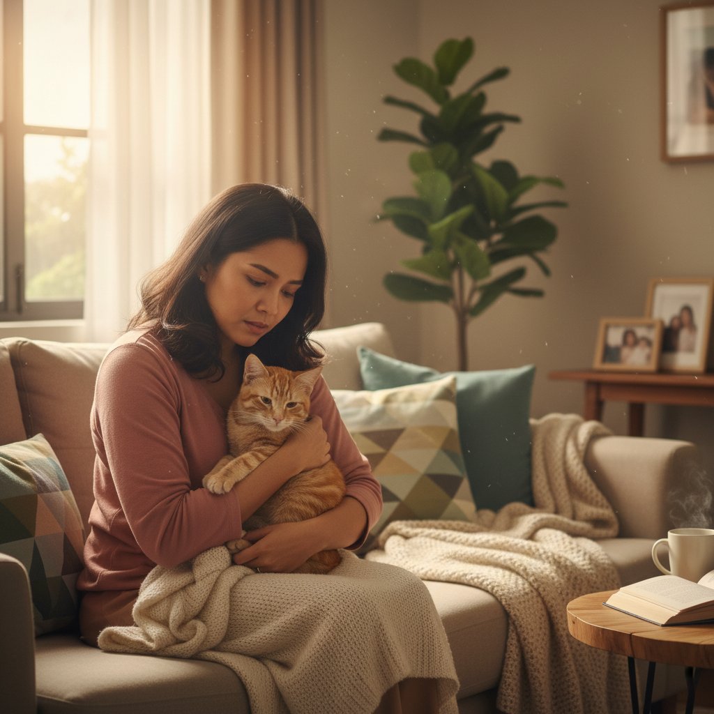 Seorang wanita Malaysia sedang menenangkan kucing oren tabby muda yang kelihatan sakit, menyerlahkan ikatan dan kebimbangan.