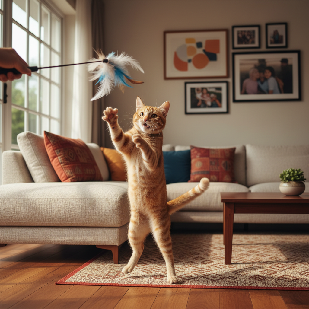 Seekor kucing oren tabby muda yang lincah, Tiger, bermain dengan penuh semangat di ruang tamu.