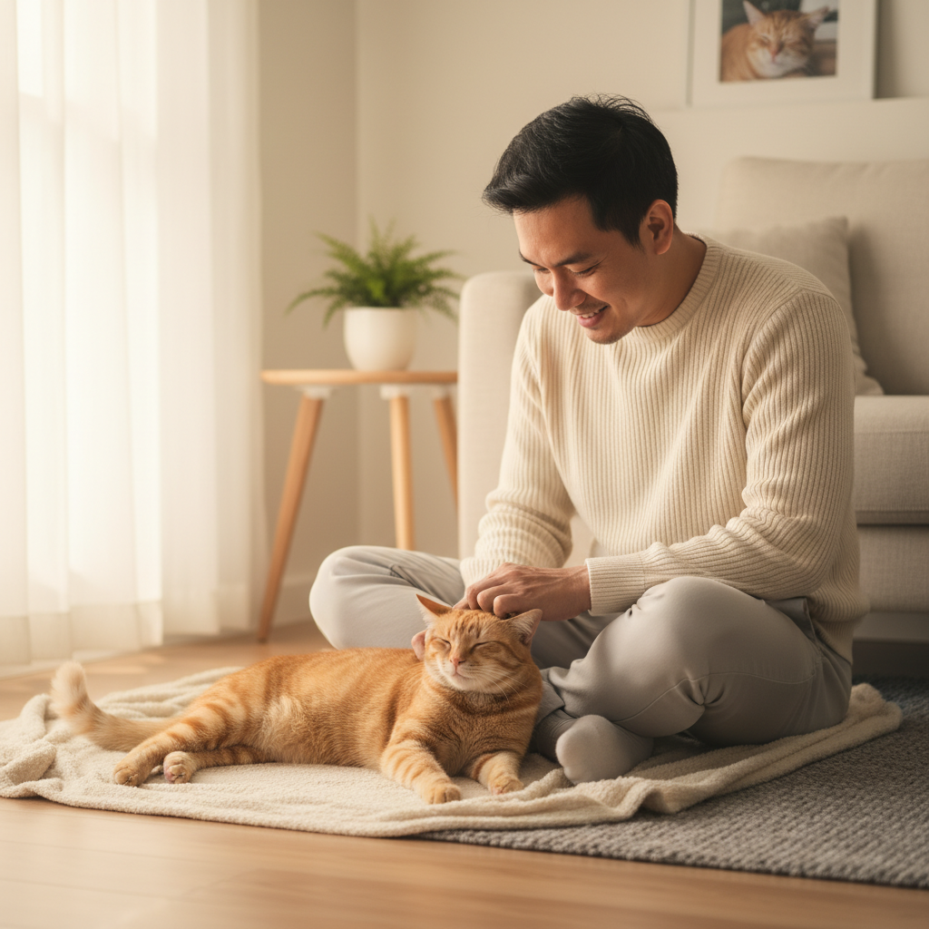 Lelaki Malaysia membelai kucing jantan yang dikebiri, menunjukkan kasih sayang dan kewaspadaan terhadap kesihatan.