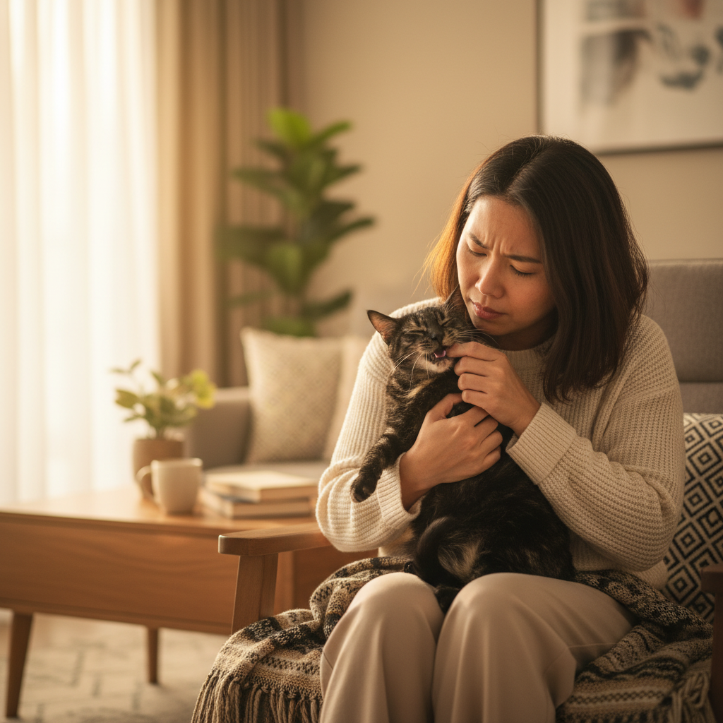 A Malaysian cat owner gently examining her cat's mouth, illustrating care for cat dental health.