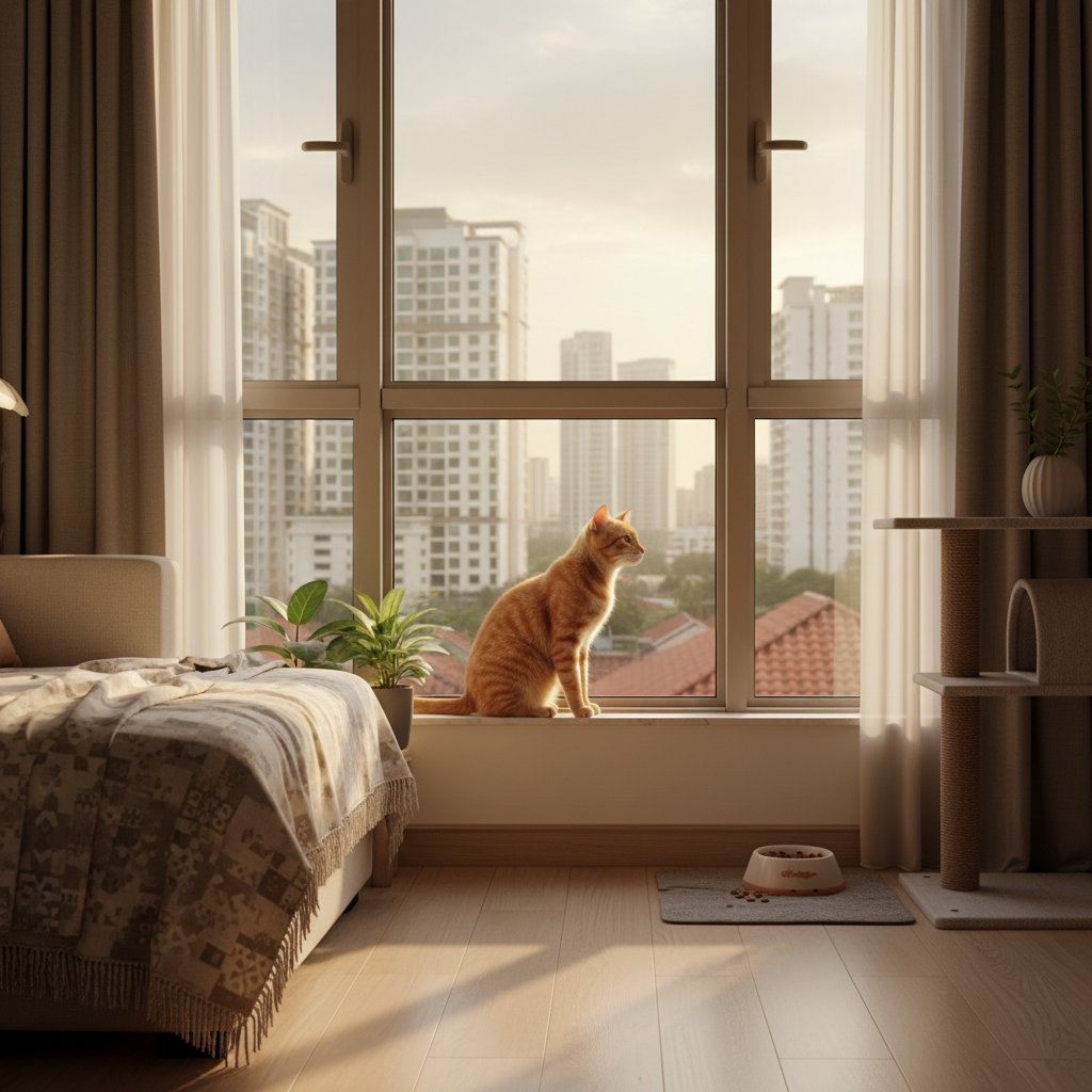 A healthy ginger cat looking curiously out of a window in a sunny Malaysian home