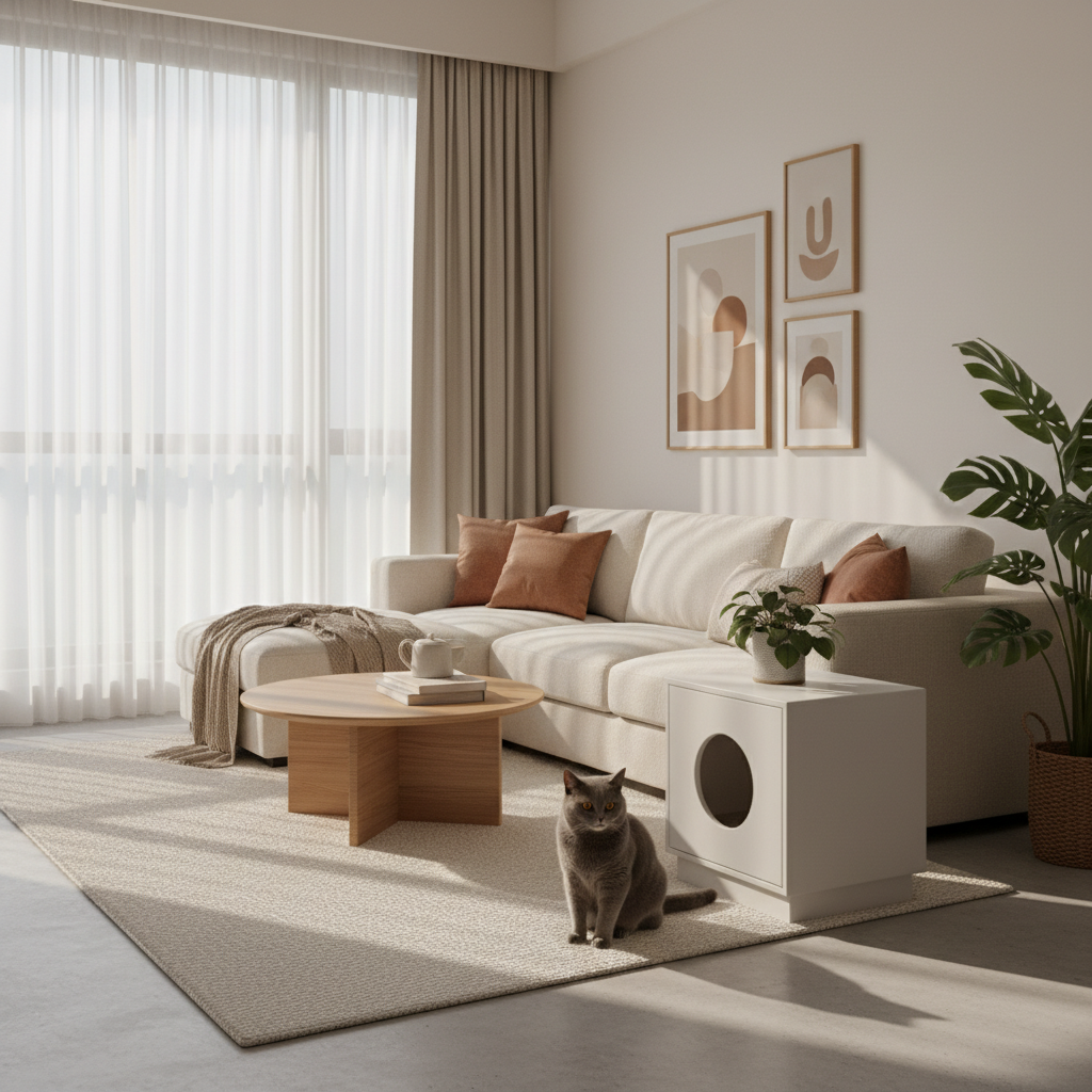 现代整洁的马来西亚公寓中，一只健康的猫坐在隐藏式猫砂盆旁