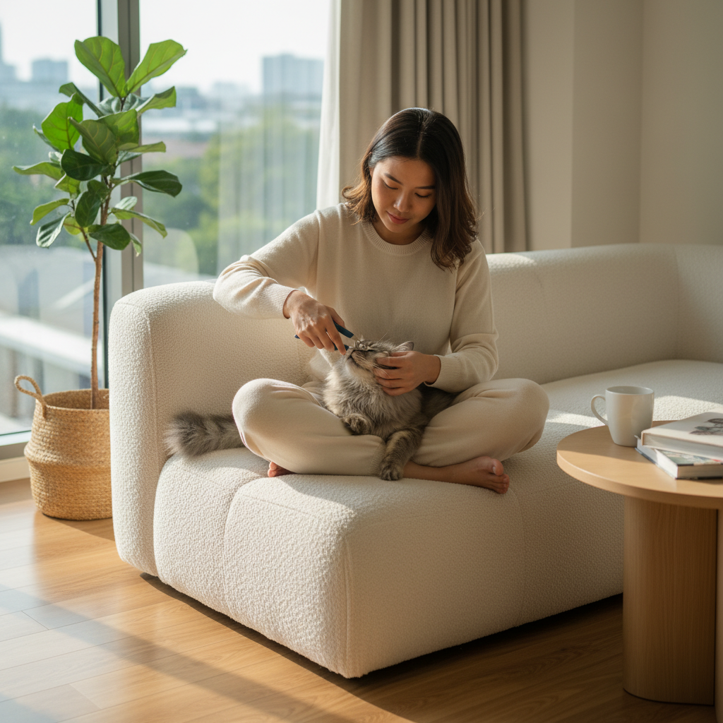 Malaysian woman calmly trimming her cat's nails at home