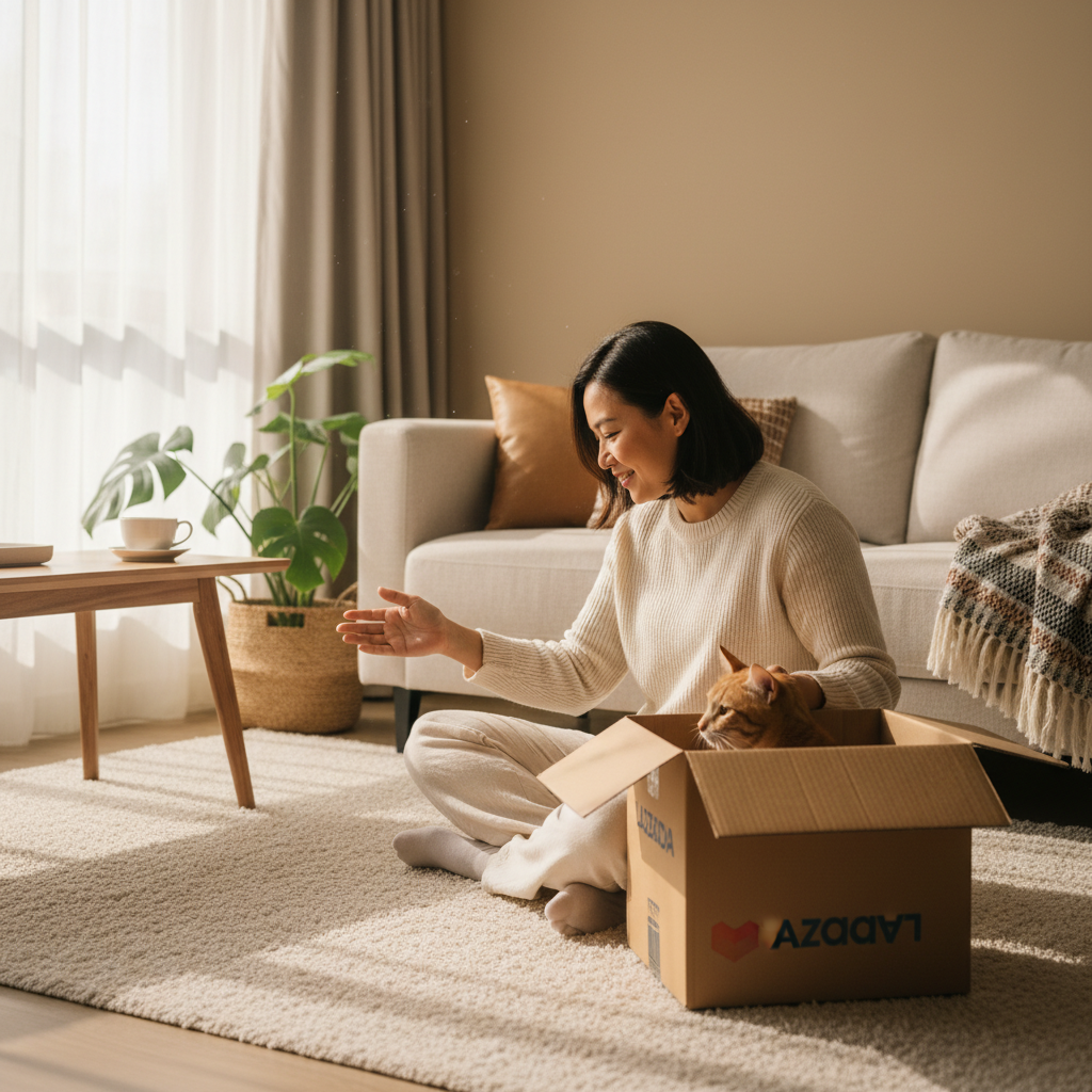 A new cat owner patiently waiting for a shy cat to emerge from a hiding box in a cozy home