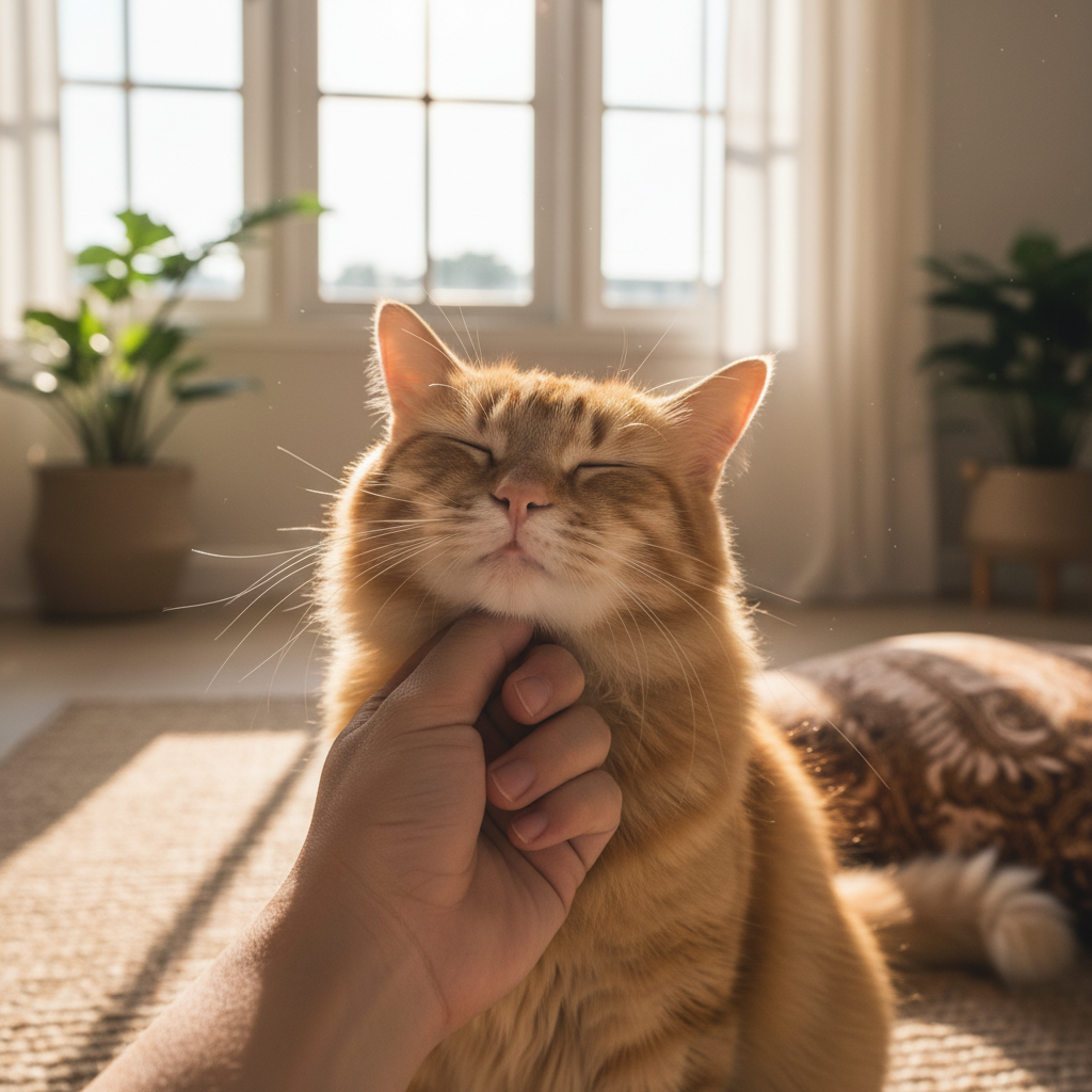 Close up of a cat being petted under the chin