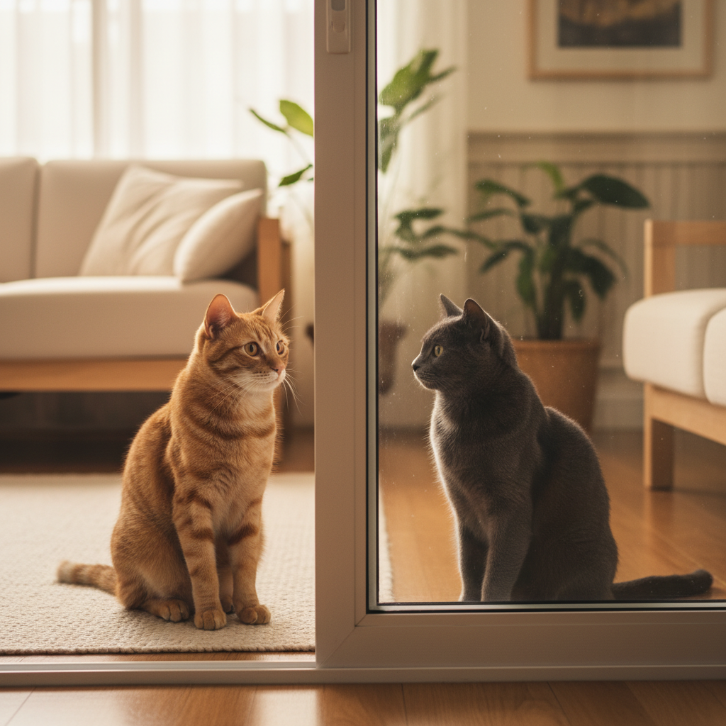 两只猫在引入期间坐在门的各一侧