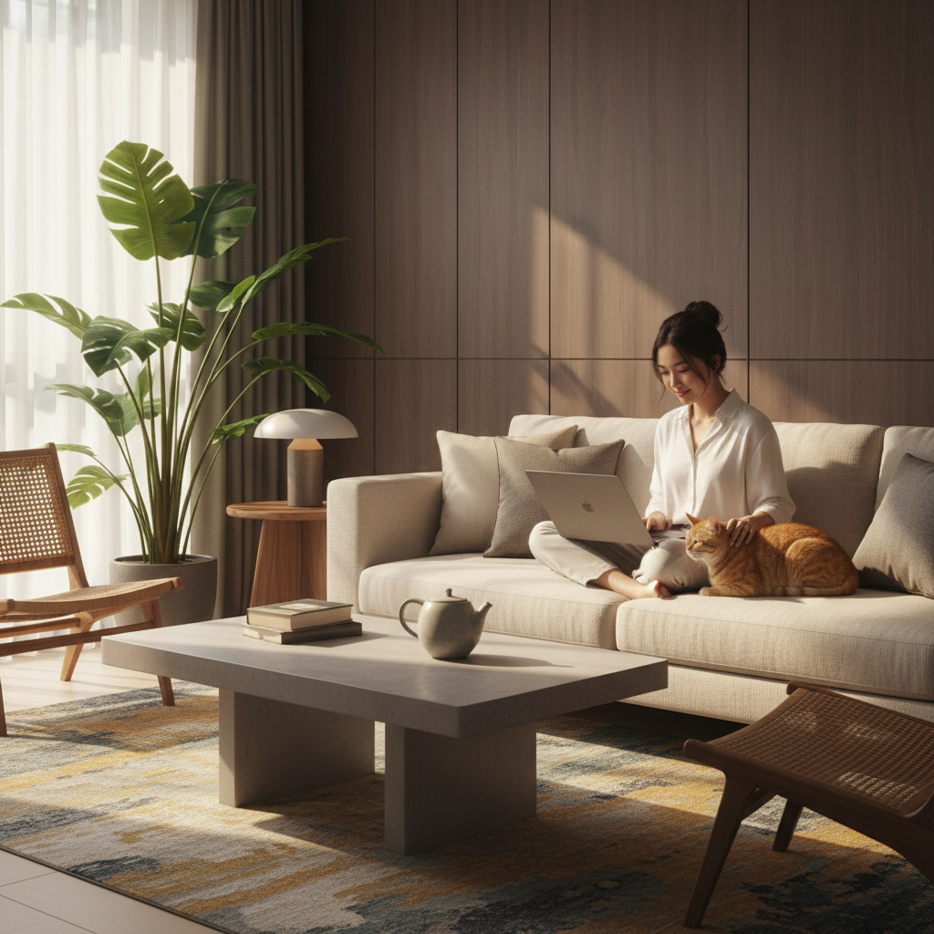 Seorang wanita Malaysia duduk bersama kucingnya sambil melihat komputer riba