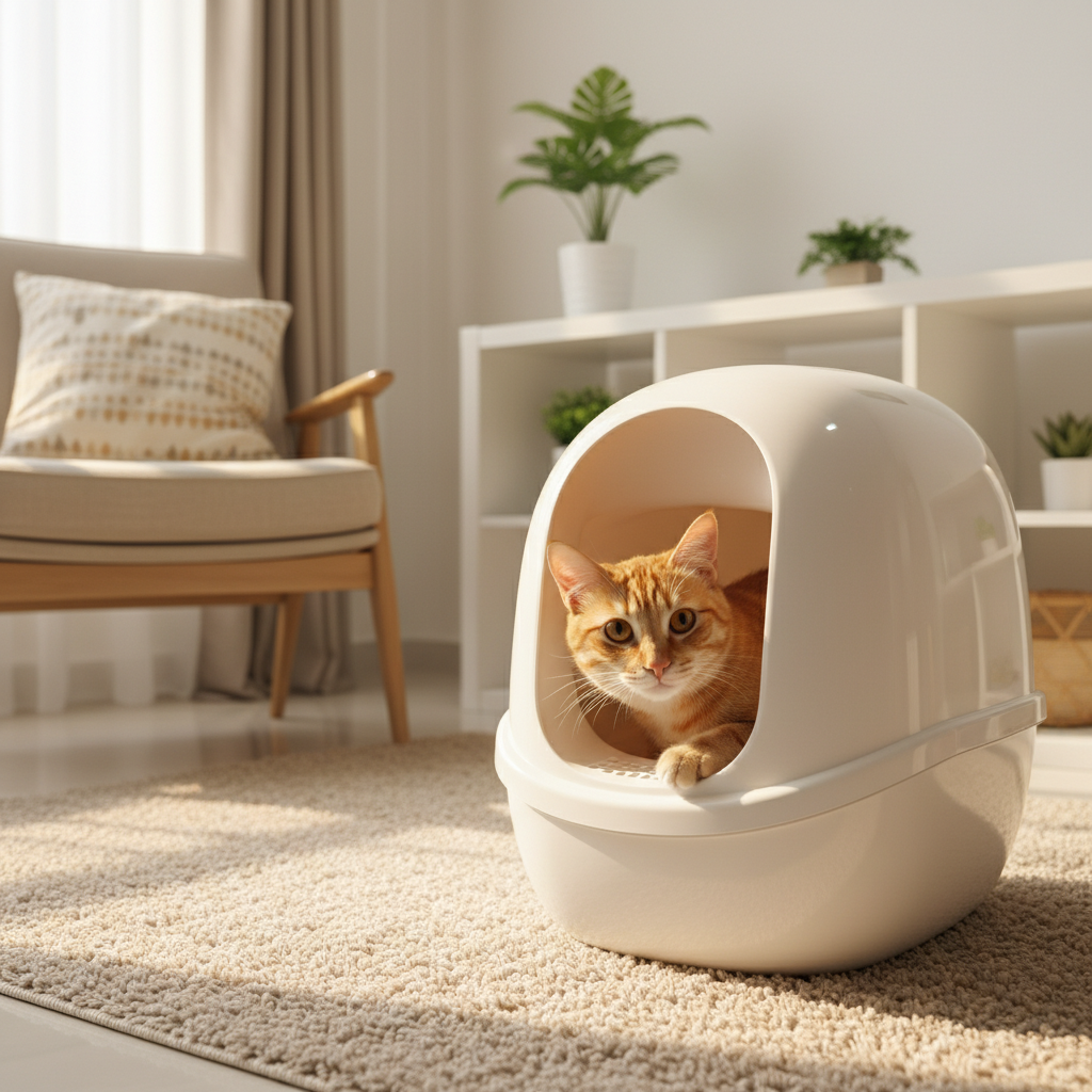 一只顽皮的小猫待在装满豆腐砂的干净猫砂盆里