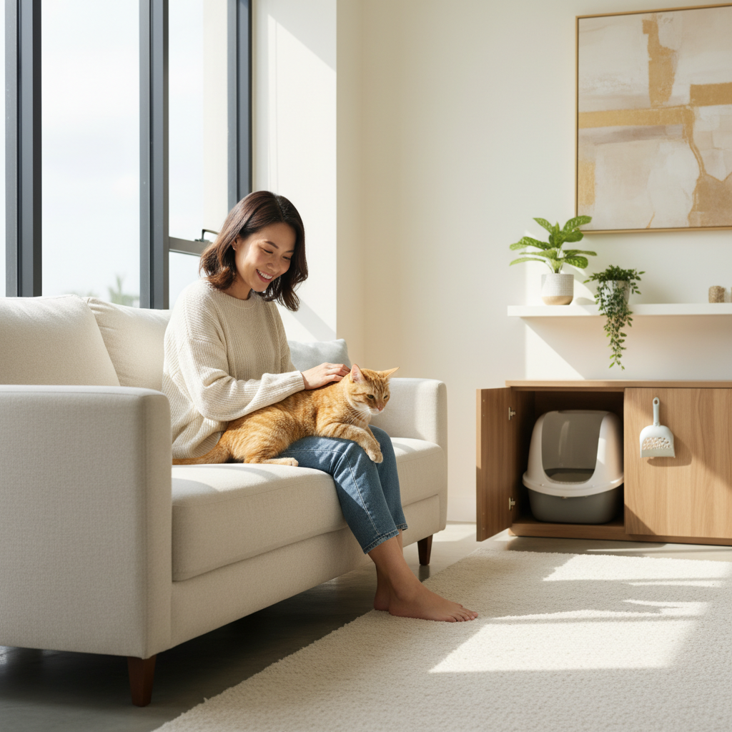 Wanita Malaysia bermain dengan kucingnya di dalam rumah yang bersih dan moden