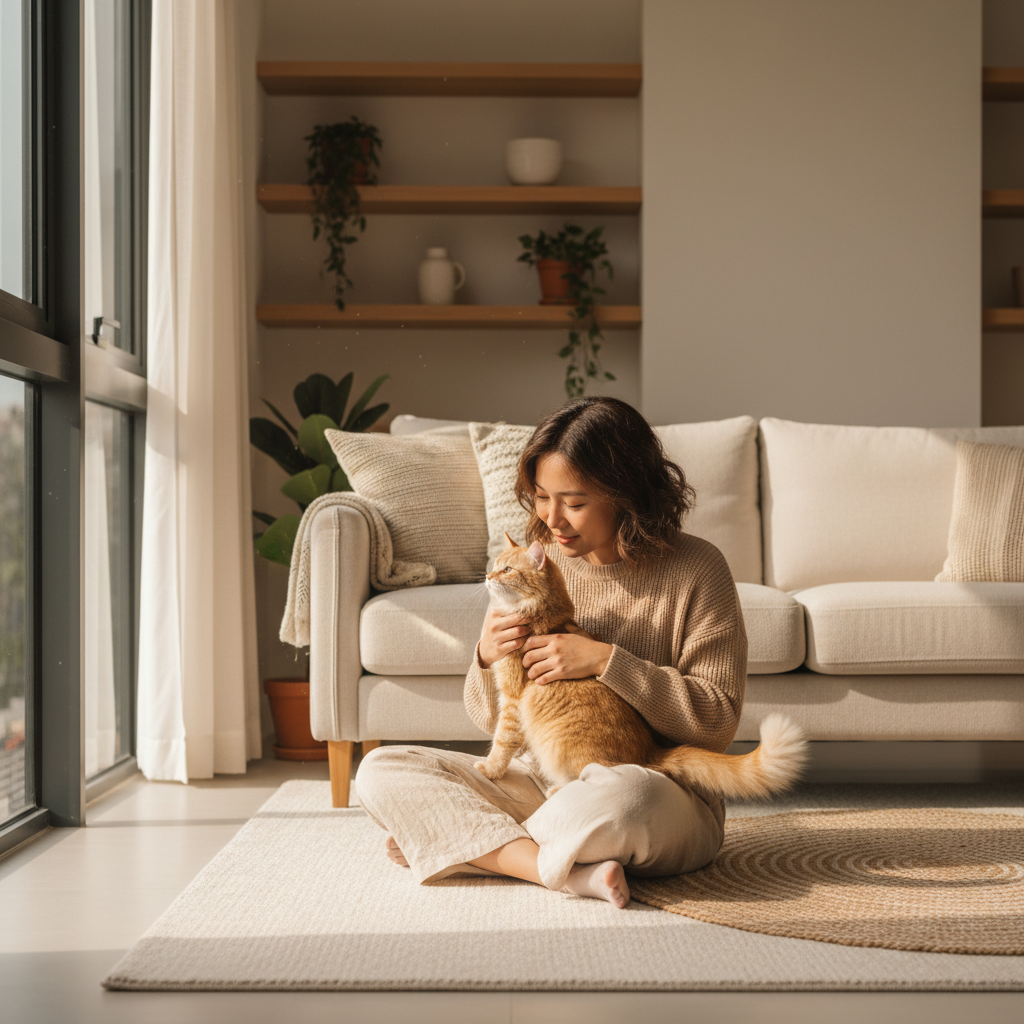 Seorang wanita sedang berinteraksi dengan kucingnya di dalam rumah yang selesa