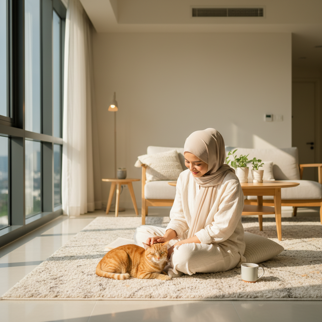Seorang wanita dan kucingnya berkongsi detik kepercayaan di rumah