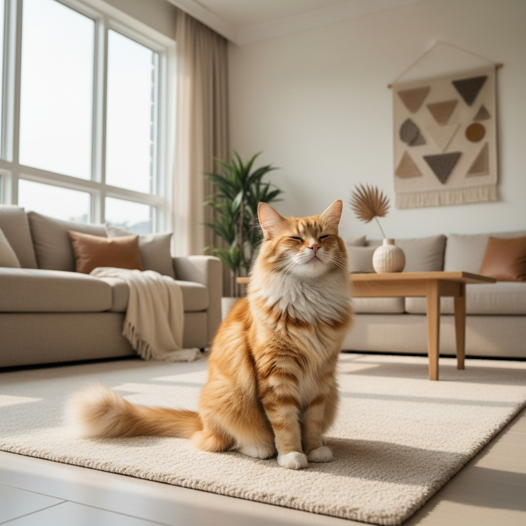 Kucing berbulu lebat duduk di ruang tamu yang cerah, melambangkan kucing yang sihat dengan penjagaan rapi.