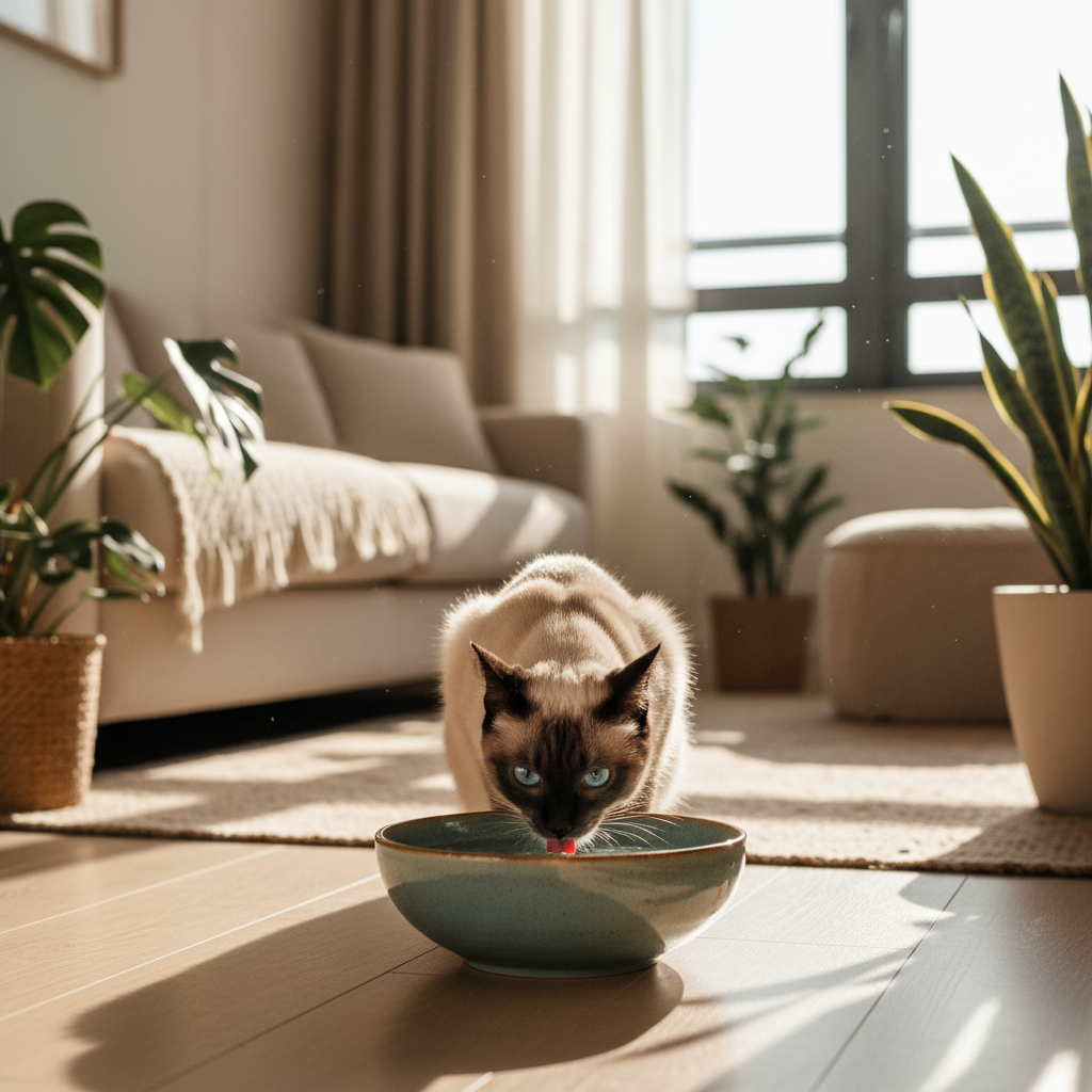 Kucing Siamese minum air dari mangkuk leper dalam rumah Malaysia yang cerah