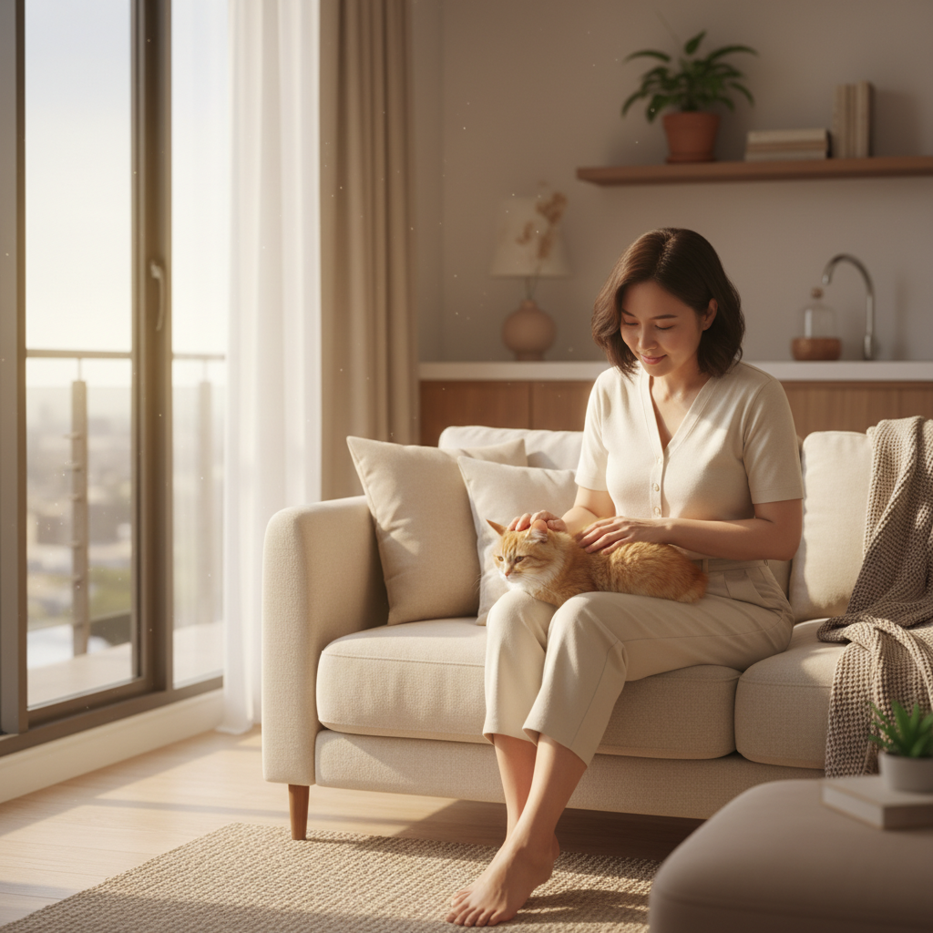 Pemilik kucing Malaysia memerhati kucingnya di rumah, menekankan penjagaan haiwan peliharaan yang proaktif