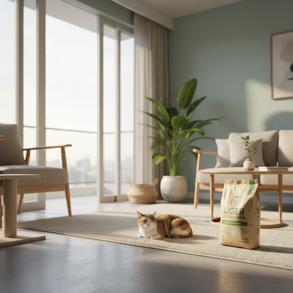 Kucing yang sihat sedang berehat di rumah yang bersih tanpa habuk