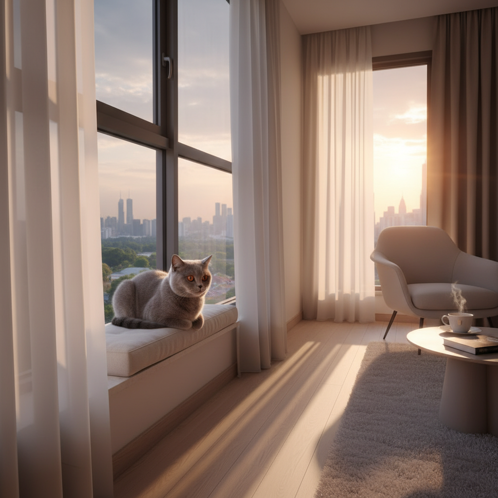 Seekor kucing kelabu duduk dengan tenang di tepi tingkap rumah yang selesa