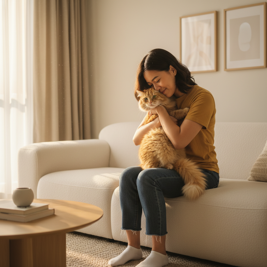 Pemilik memeluk kucing di rumah yang selesa