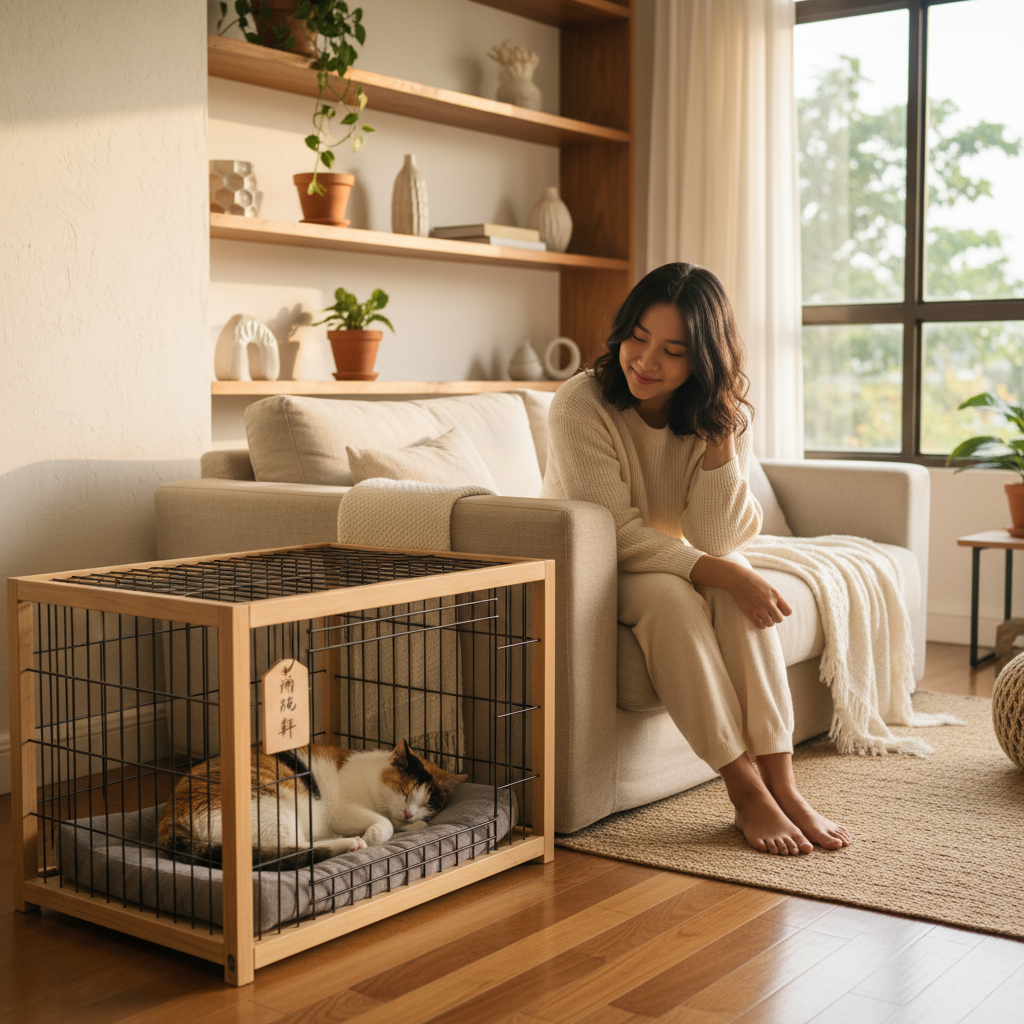 Malaysian cat owner monitoring a rescued stray cat in a comfortable indoor quarantine setup