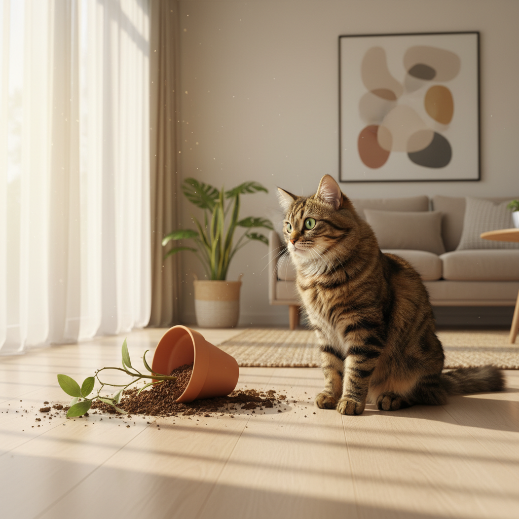 一只顽皮的小猫站在被打翻的花盆旁边，温馨的家庭环境