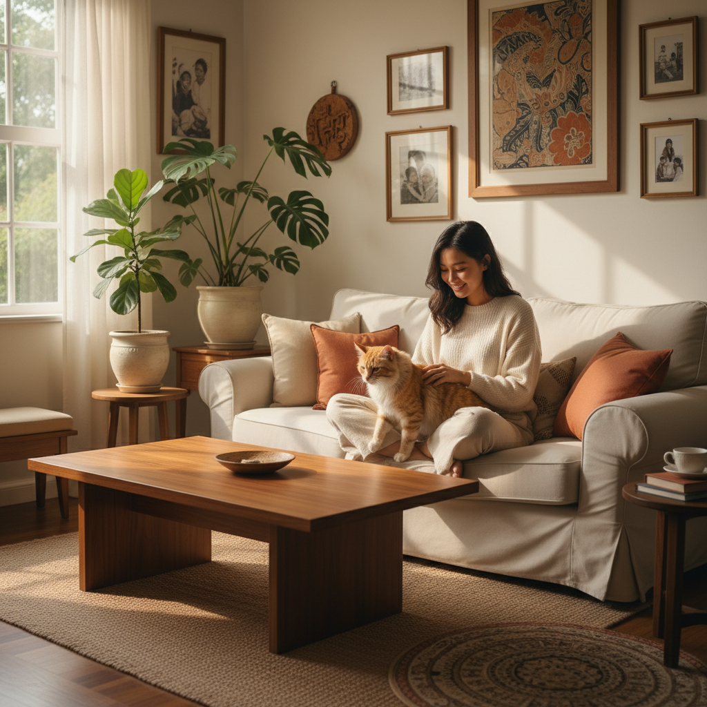 在阳光充足的客厅里，一位马来西亚女性在猫咪踩奶时露出微笑