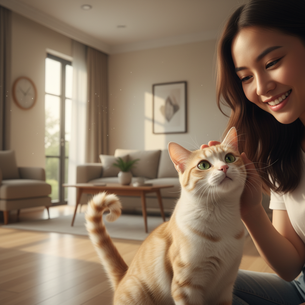 一只快乐的猫咪用“问号尾巴”迎接主人