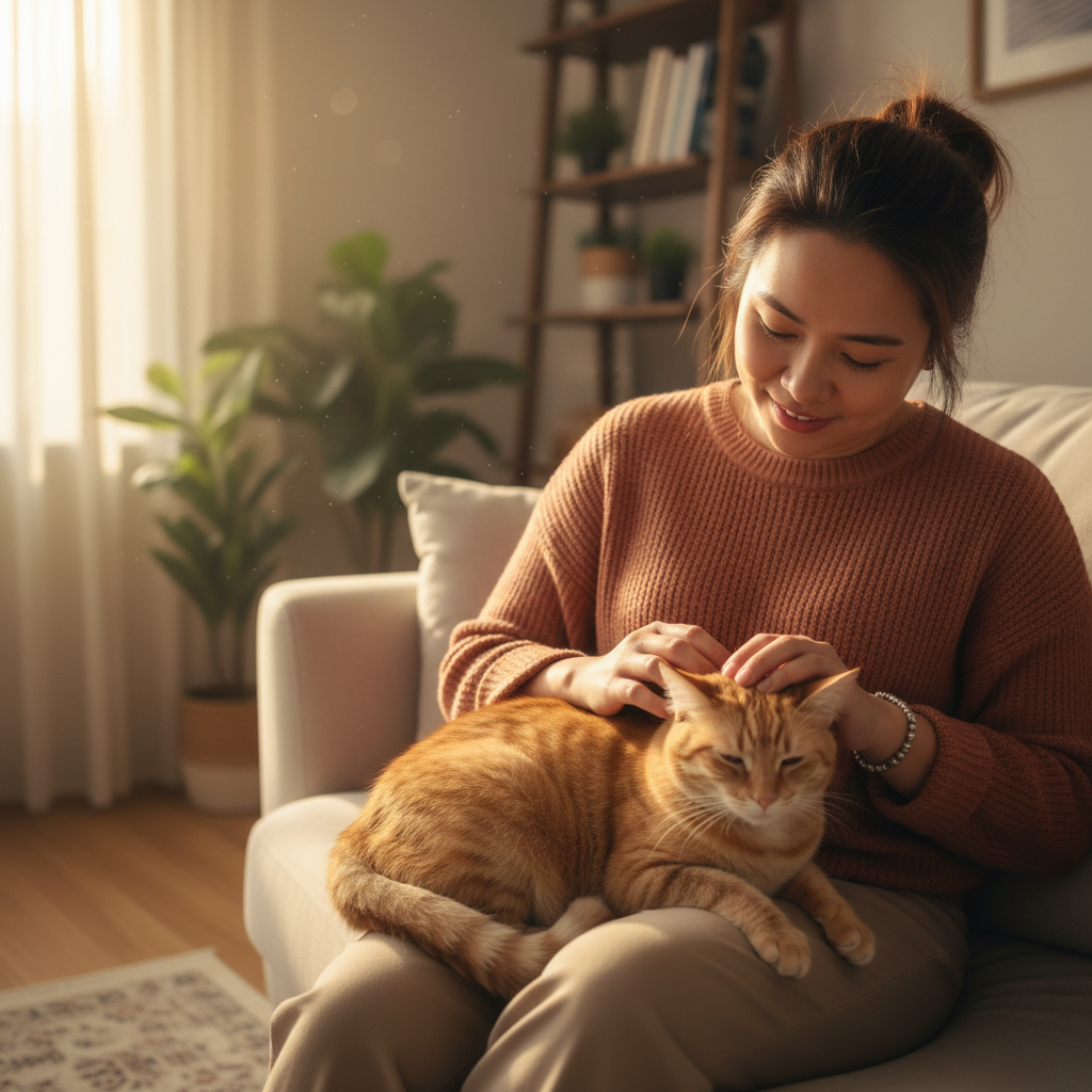 马来西亚猫主在家里与她的猫咪亲密互动