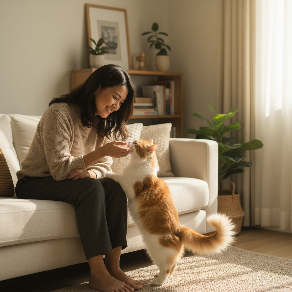 一位女性正在体验猫咪的顶头摩擦，展示了人宠之间的亲密纽带