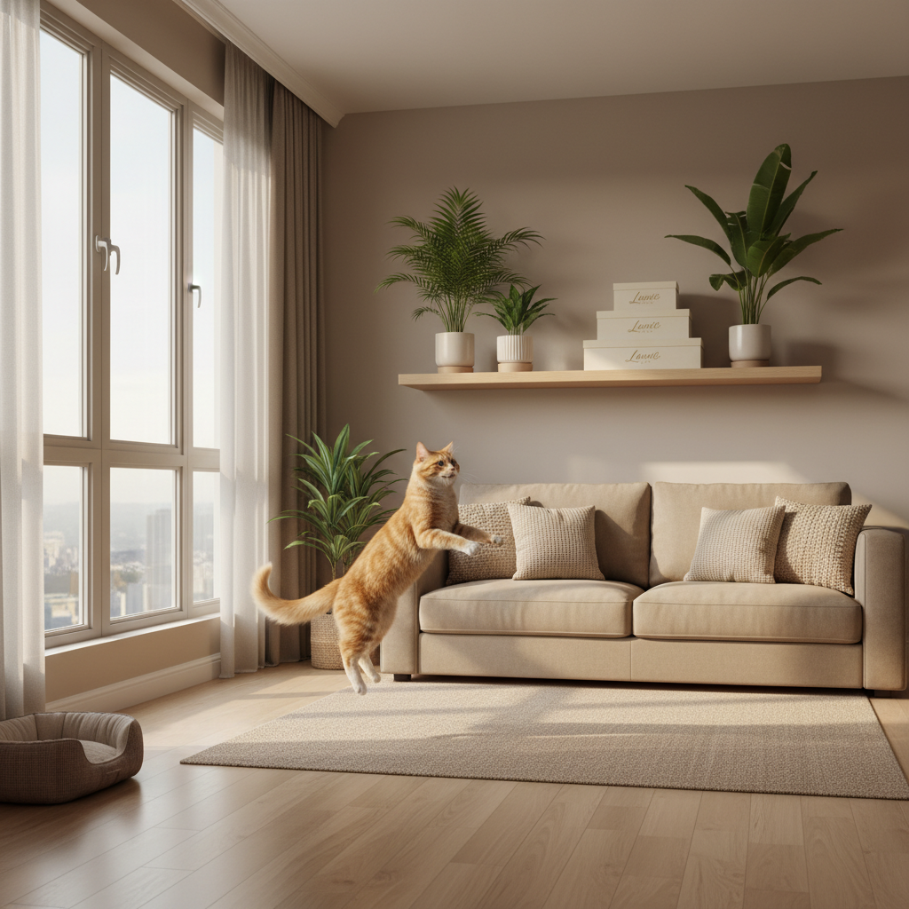 在现代家居中跳跃的健康猫咪，象征糖尿病的成功预防或缓解