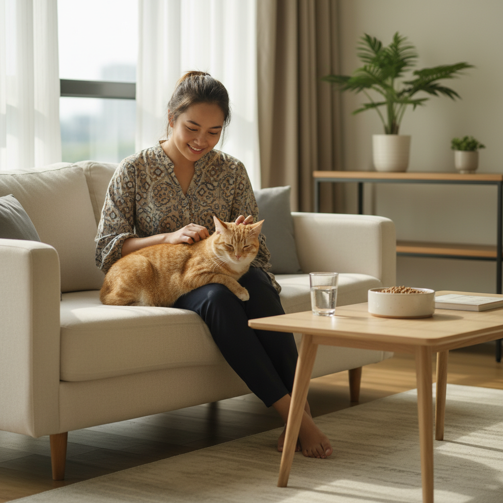 Seorang wanita muda Malaysia meluangkan masa bersama kucingnya di ruang tamu yang cerah.