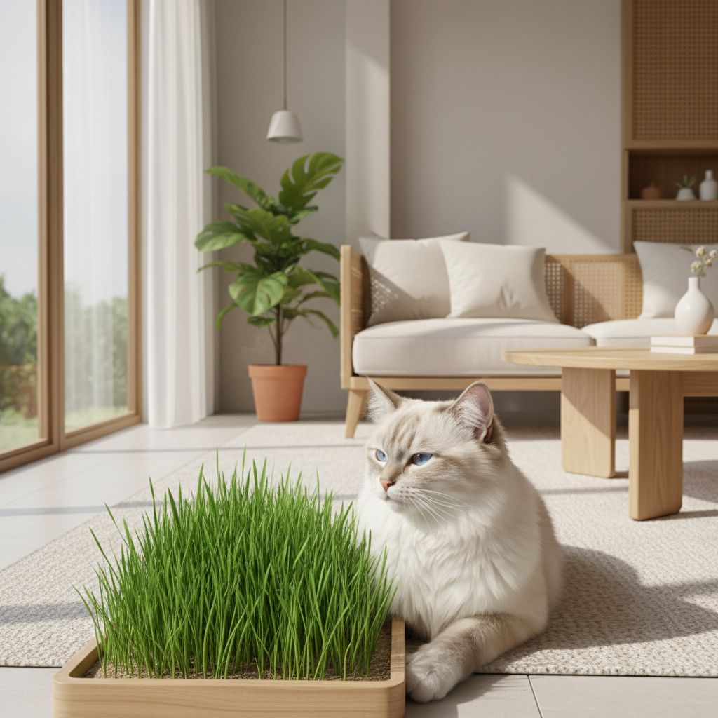 Kucing sihat duduk bersebelahan cat grass segar dalam rumah
