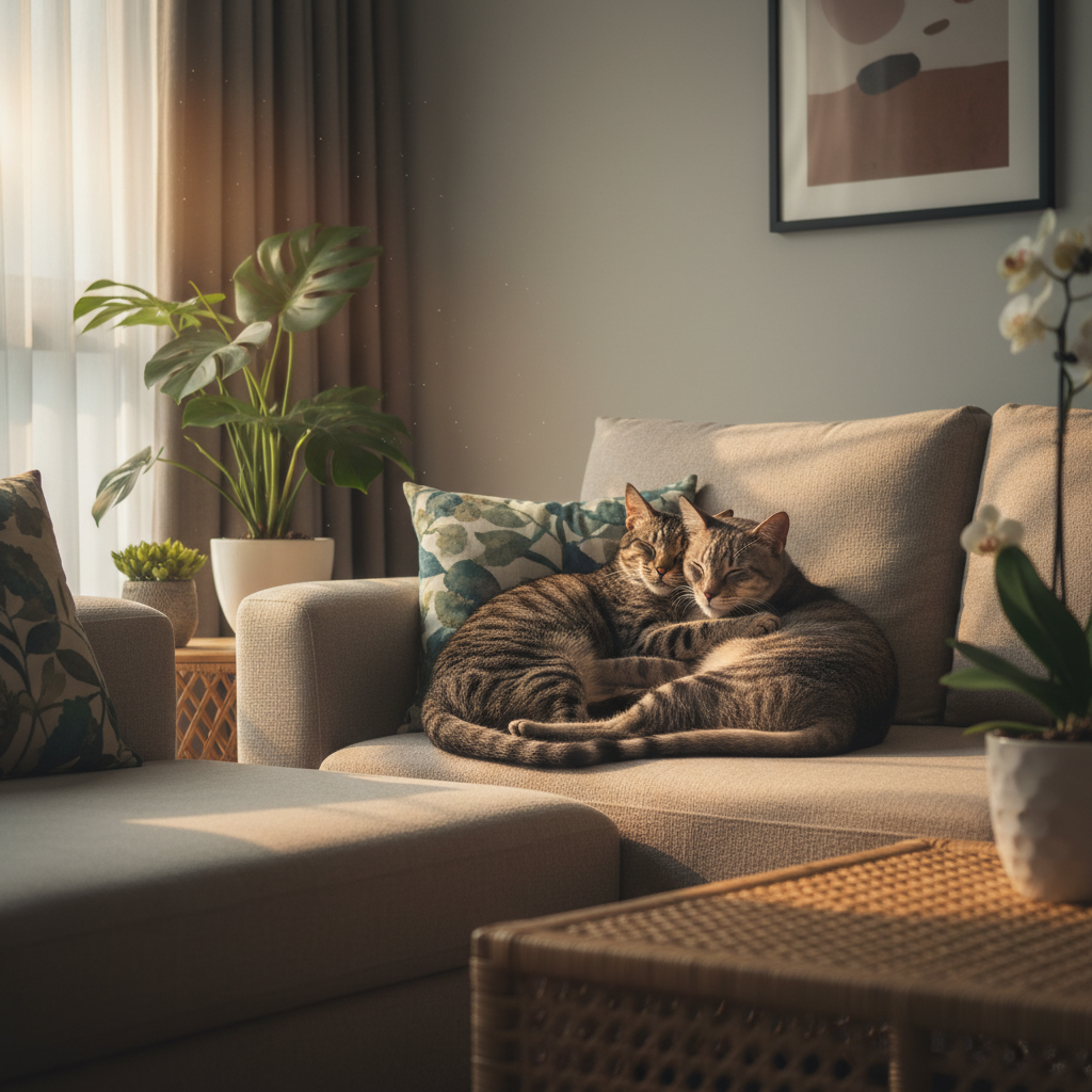 Tiger and Lion cuddling together on a sofa