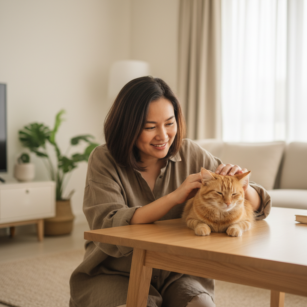 Seorang wanita Malaysia sedang memberi ubat kepada kucingnya dengan teknik tanpa stres