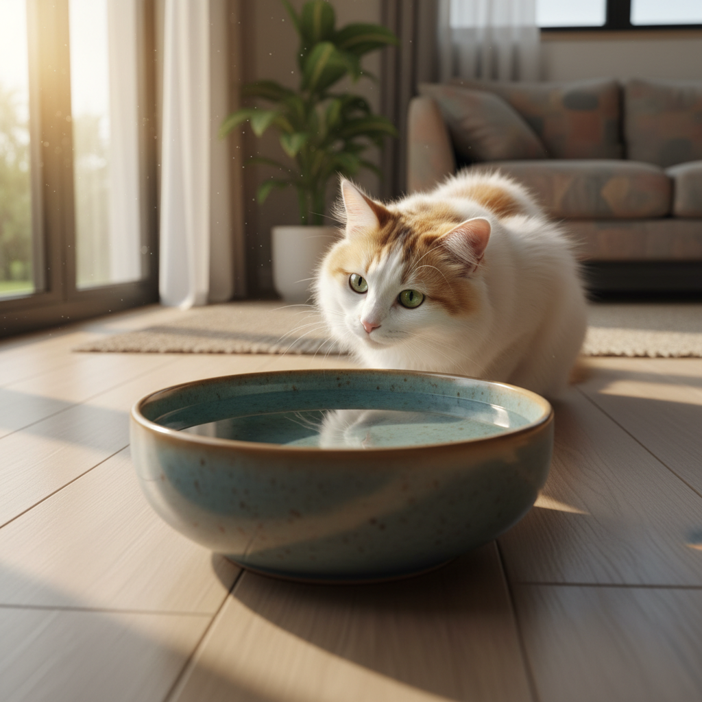 A curious cat approaching a wide water bowl in a sunny room