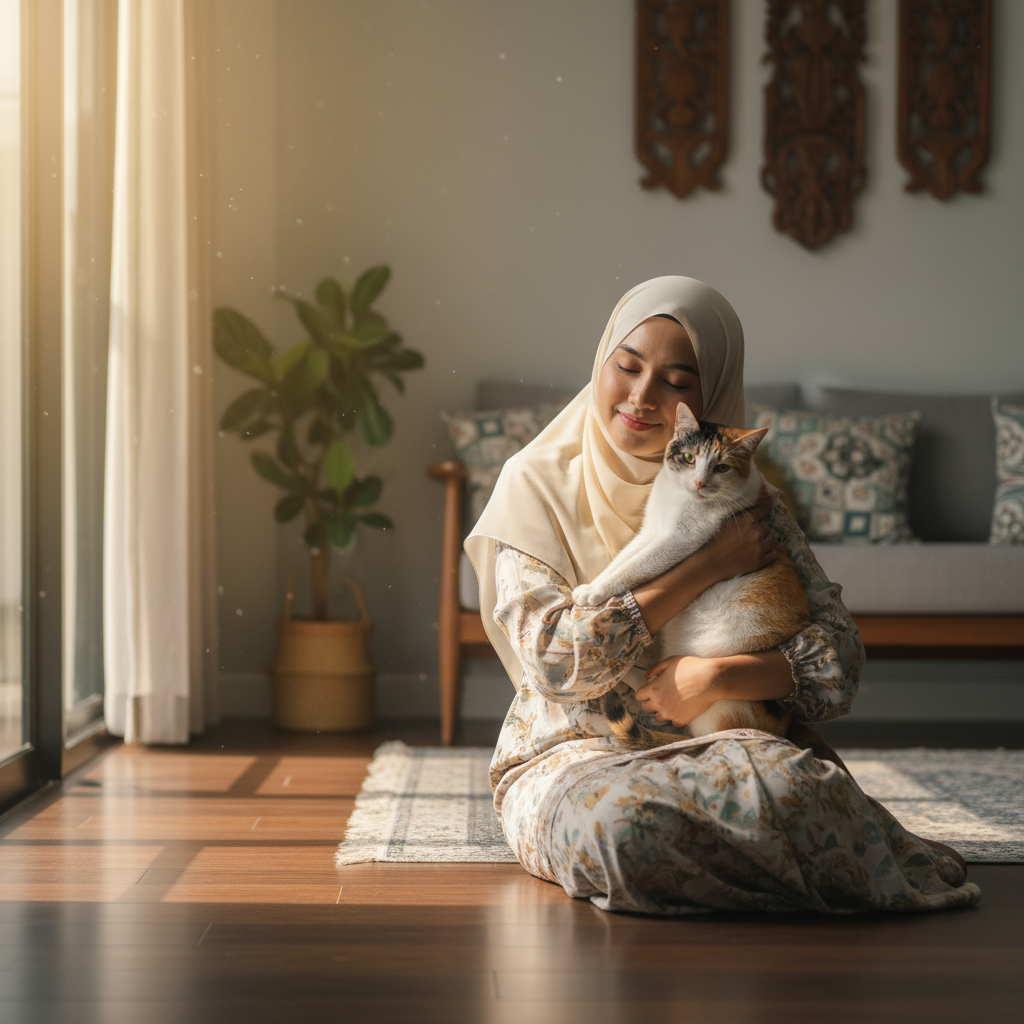 Malaysian woman hugging her cat, showing the healing bond of purring