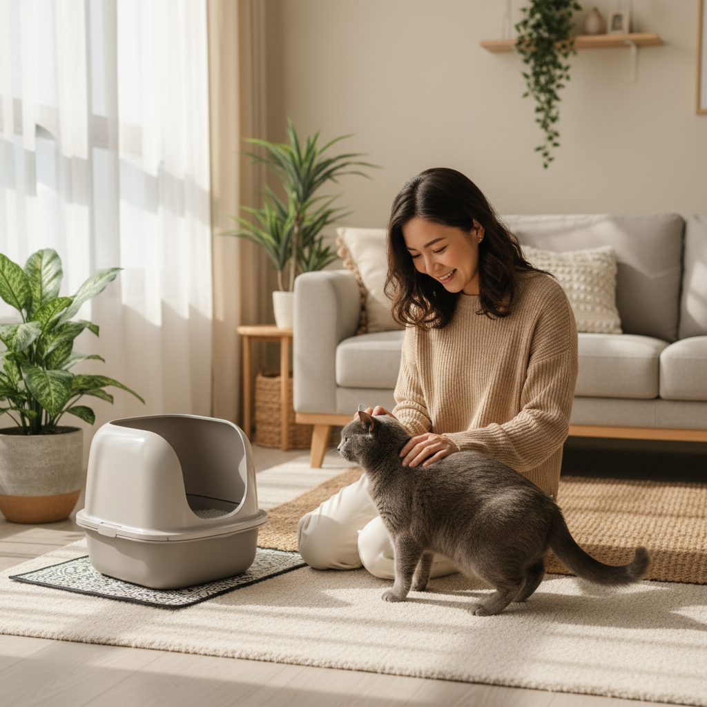 猫主人和她的猫在干净的猫砂盆旁