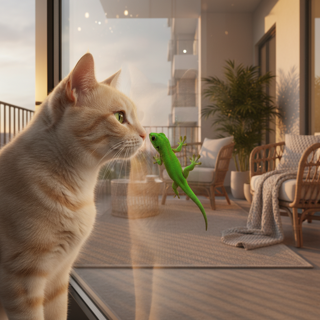 Seekor kucing memerhati cicak dari sebalik tingkap kaca, selamat dari risiko luar