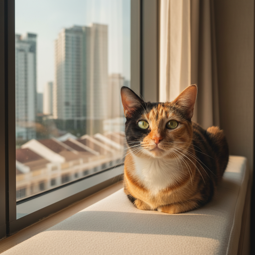 Kucing yang sihat duduk di tepi tingkap di rumah Malaysia