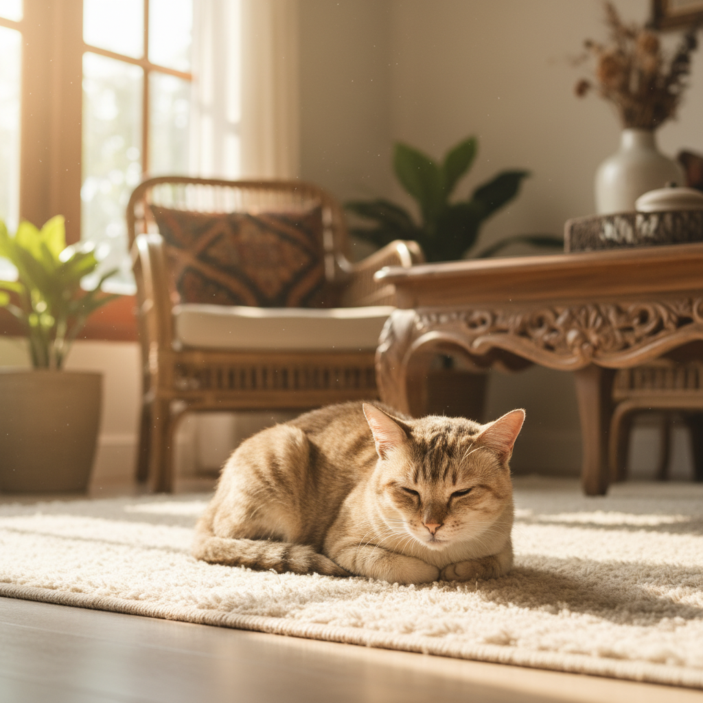 Seekor kucing tua berehat dengan selesa di atas permaidani lembut dalam bilik yang cerah