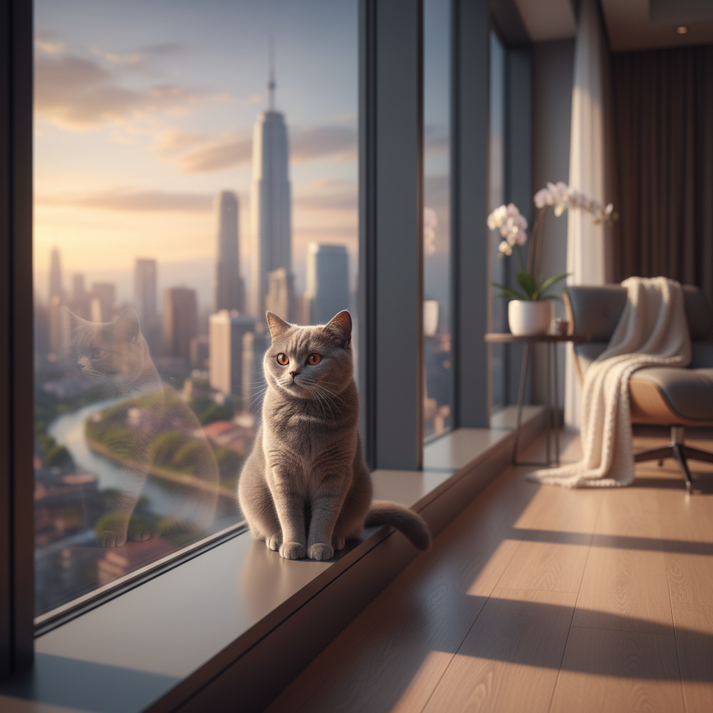 Kucing British Shorthair melihat keluar tingkap di apartmen tinggi Malaysia