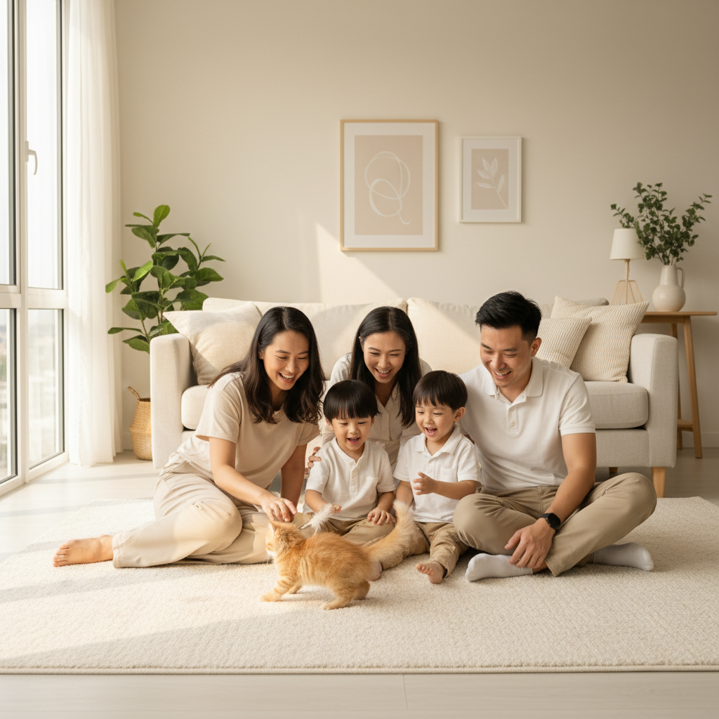 Keluarga Malaysia bermain dengan anak kucing di rumah yang selesa