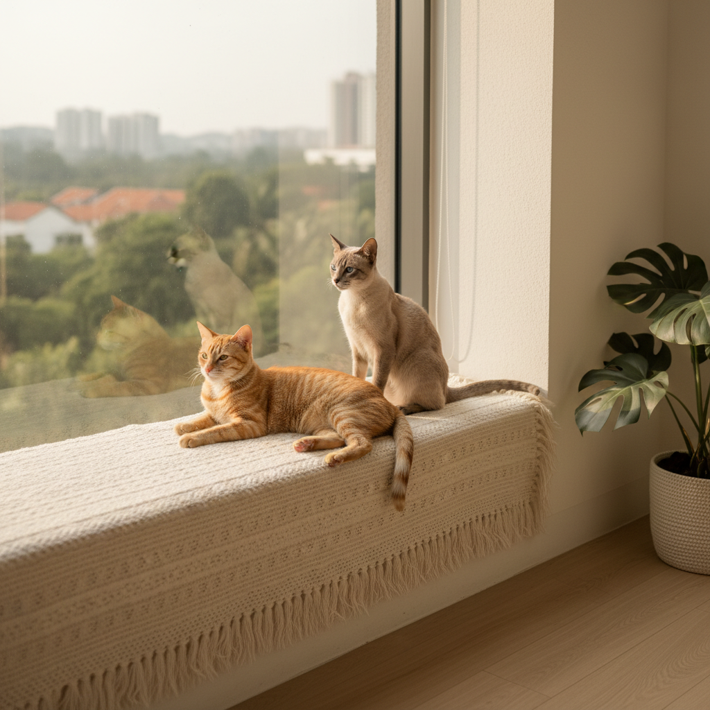 Dua ekor kucing sihat duduk bersama di rumah moden Malaysia.