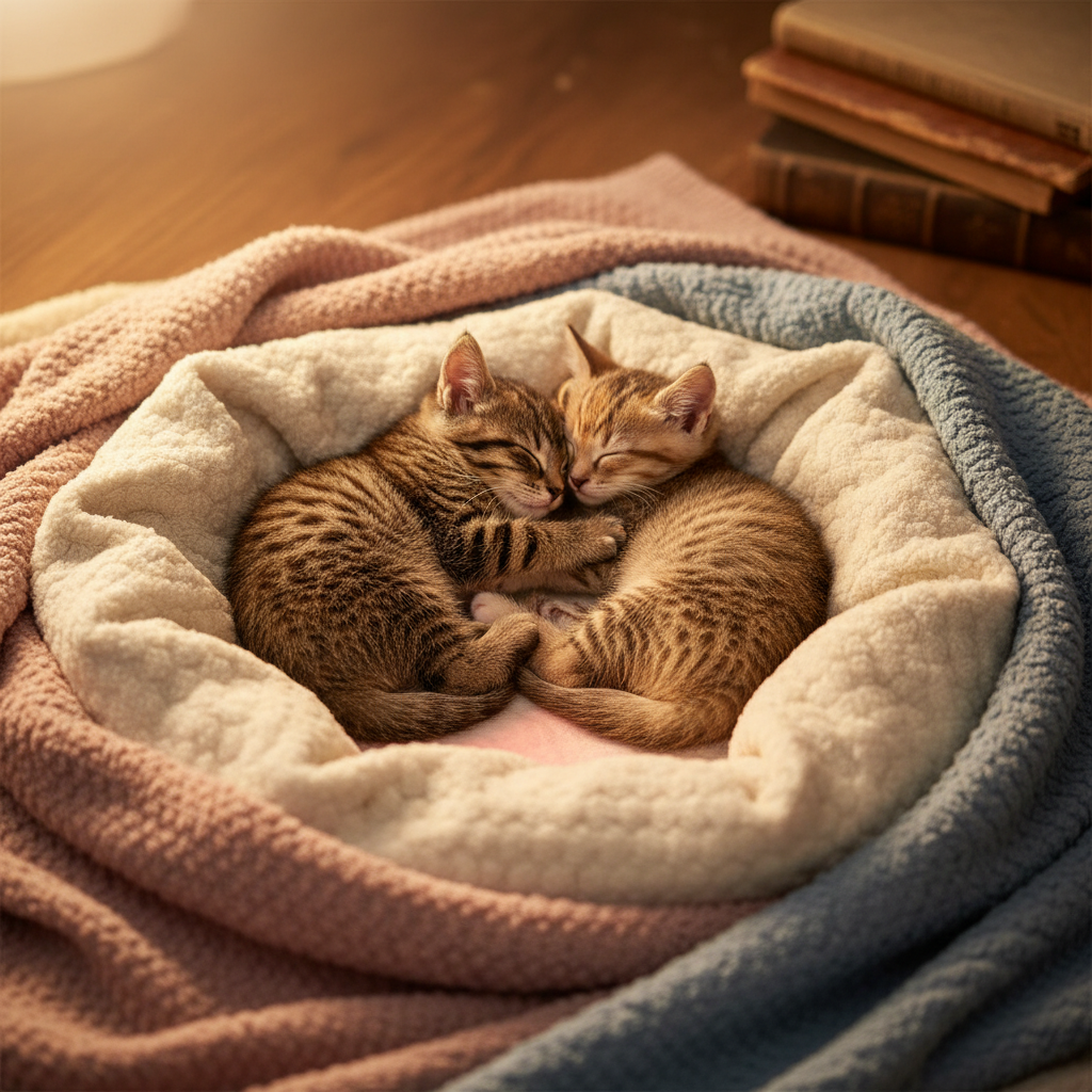 Two tiny tabby kittens sleeping in a warm, cozy nest