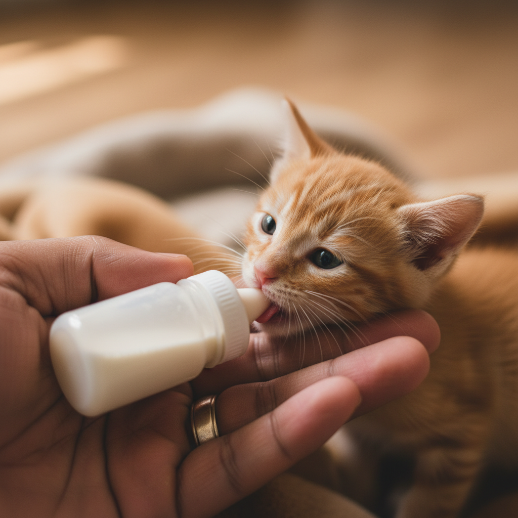 A Malaysian hand gently bottle-feeding a tiny orange kitten